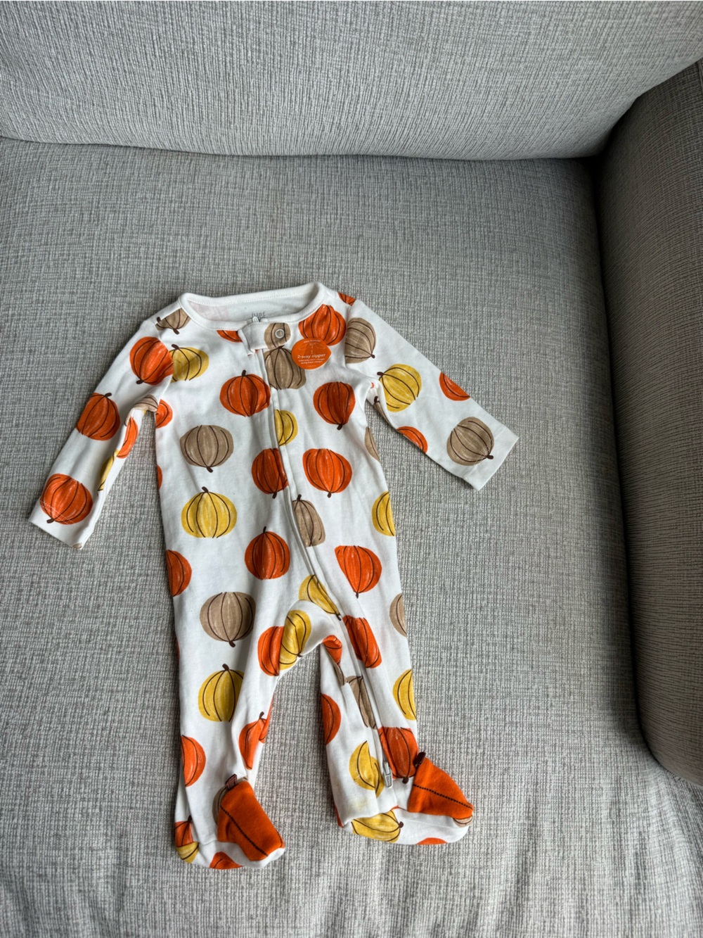 Baby Pumpkin Print Footed Pajamas - Orange, Yellow & Brown on White